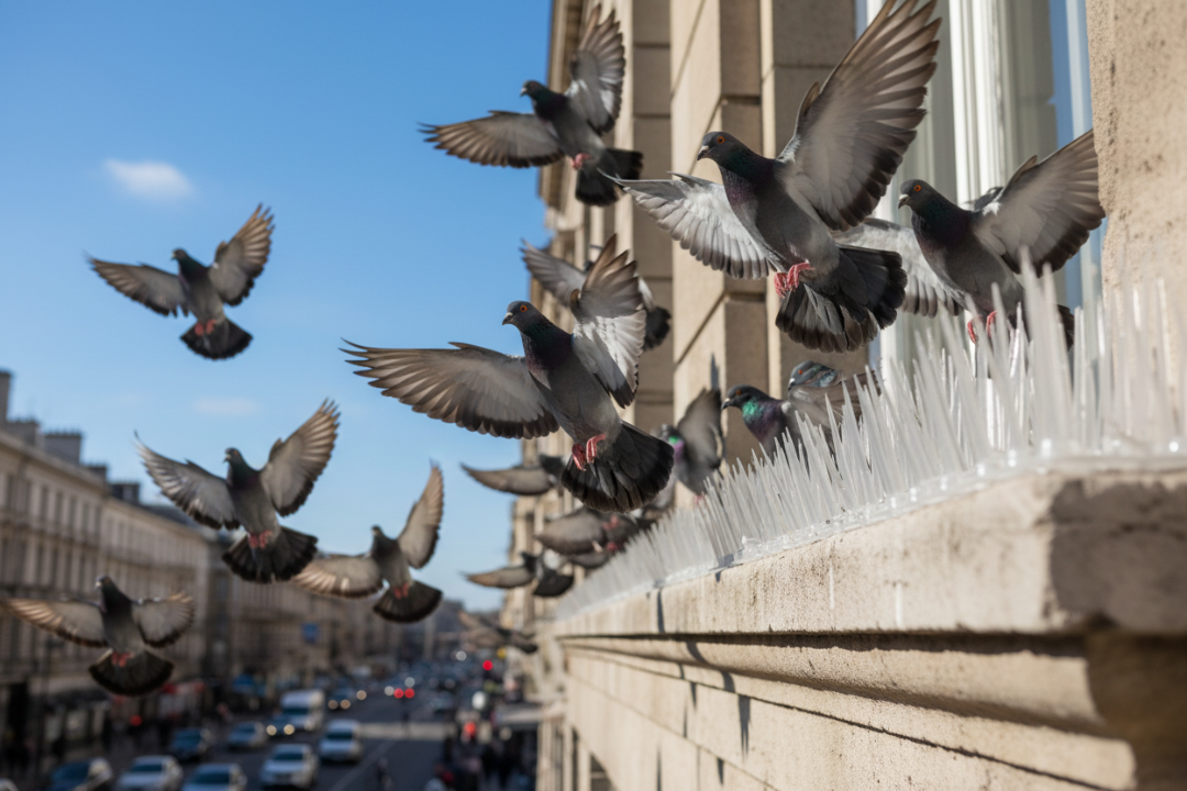 Pigeons flying away from the bird spikes